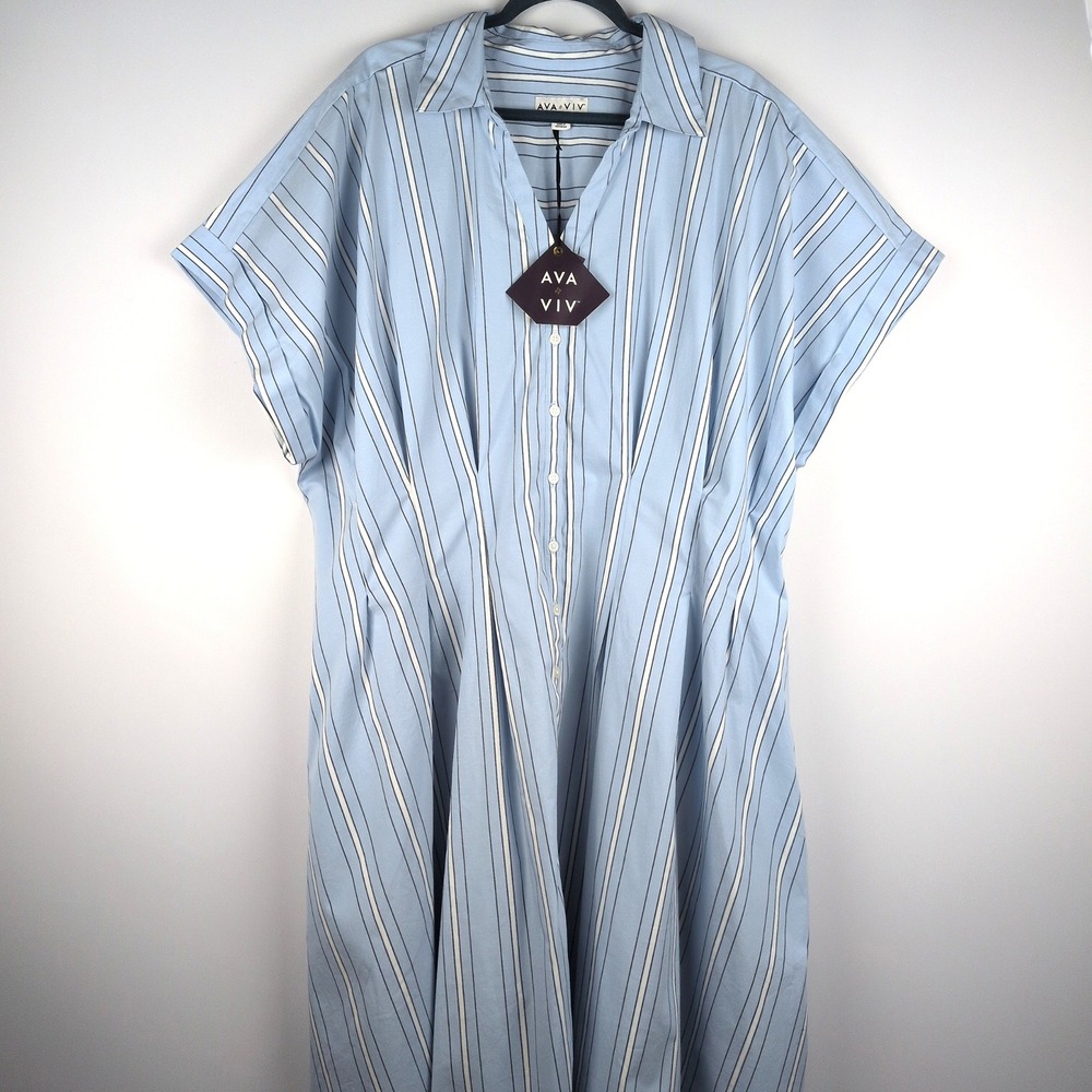 NWT Ava & Viv Women 3X Shirt Dress Blue Stripe Cotton Short Sleeve Midi